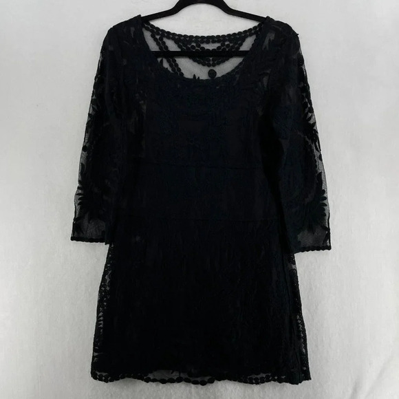 Express Dress Women's Sz Small Solid Black Lace Lined Scoop Neckline Embroidered - Picture 2 of 13